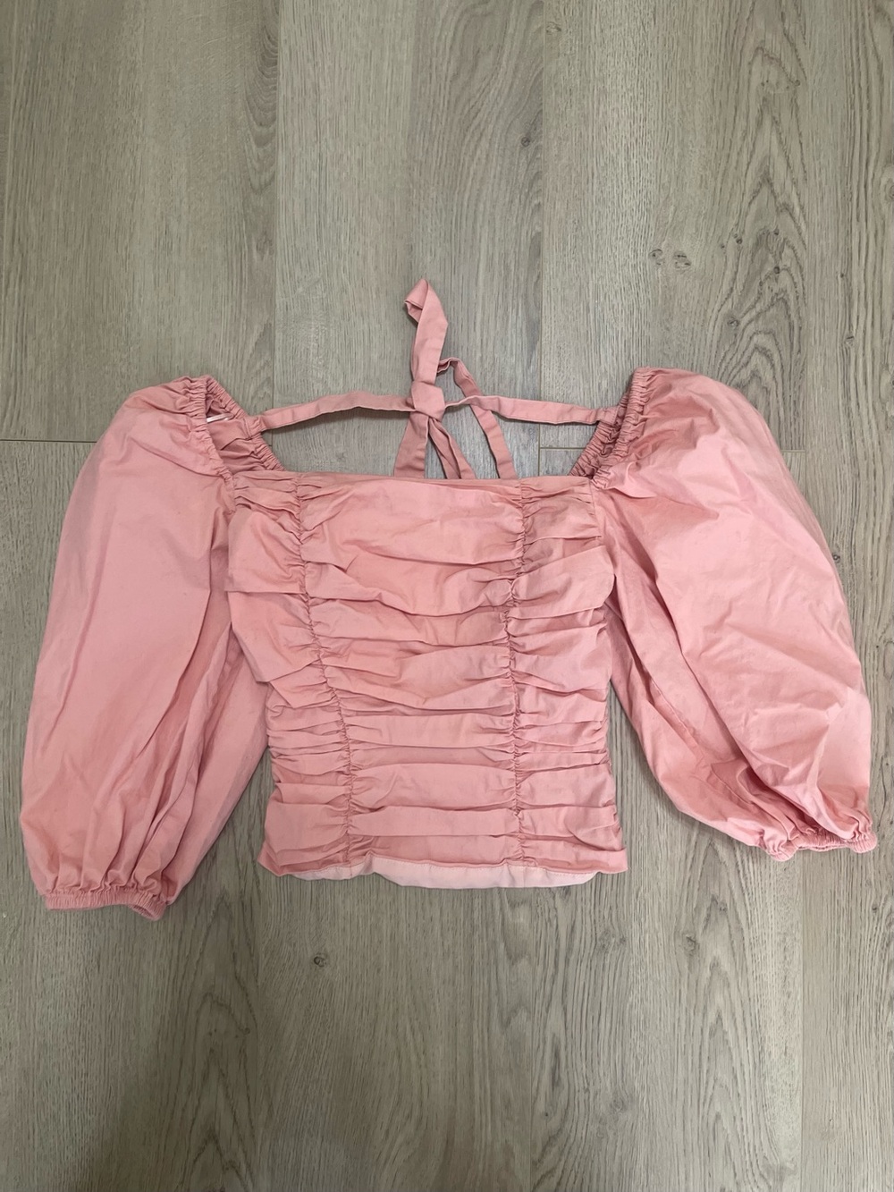 WAYF Ruched Pink Puff-Sleeve Square-Neck Blouse (XS)